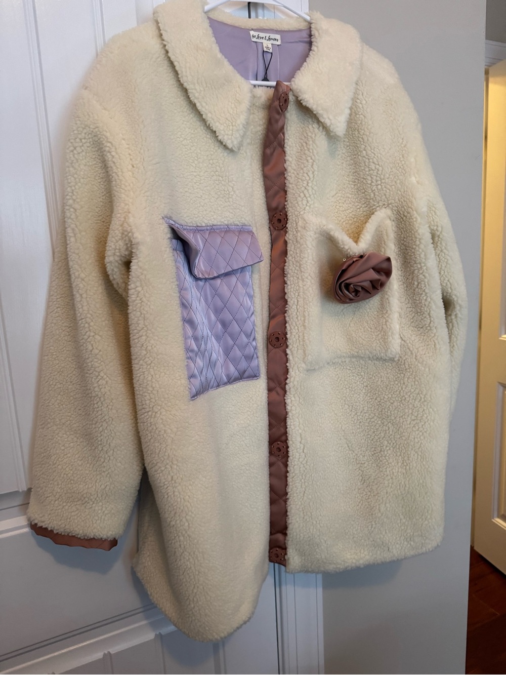 For Love & Lemons Ivory Sherpa Jacket with Lavender and Mauve Accents